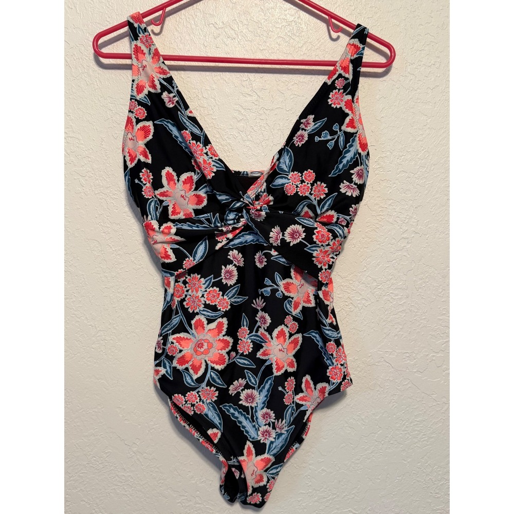 Old Navy Floral Twist Front One Piece Swimsuit Black Coral Blue V-Neck